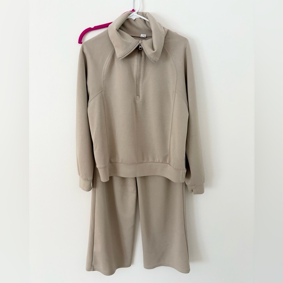 Anrabess Light Khaki 2 Piece Wide Leg Lounge Set Funnel Neck Pullover Size Small - Picture 6 of 14